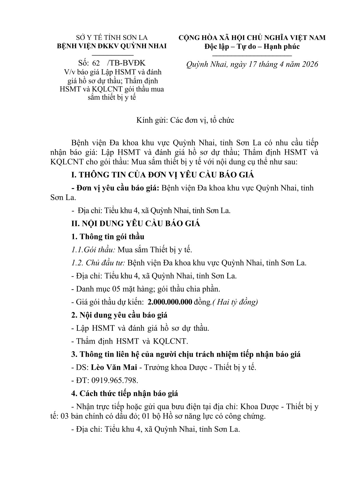 Báo giá lập HSMT và đánh giá hồ sơ dự thầu; Thẩm định HSMT và KQLCNT gói thầu mua sắm thiết bị y tế 
