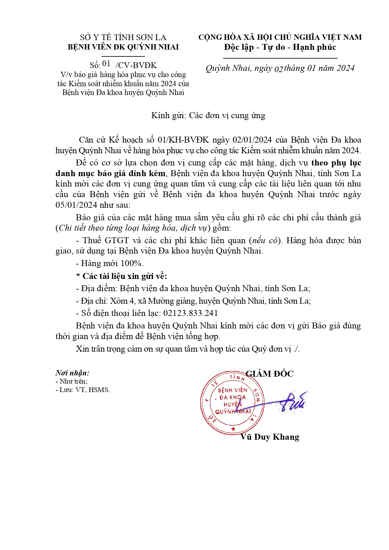 Báo giá hàng hóa phục vụ cho công tác Kiểm soát nhễm khuẩn năm 2024