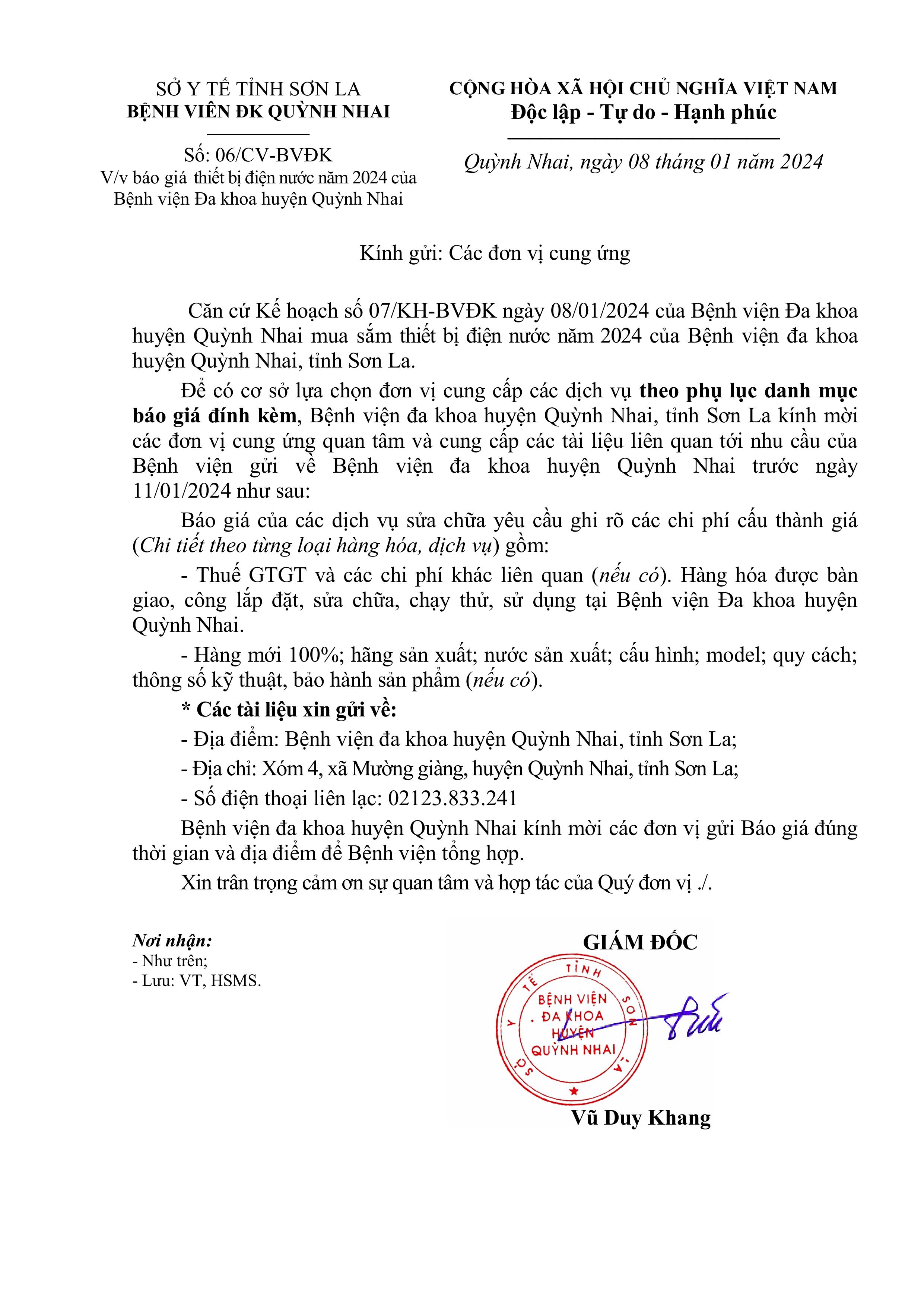 Báo giá thiết bị điện nước năm 2024 cả bênh viên đa khoa huyên Quỳnh Nhai