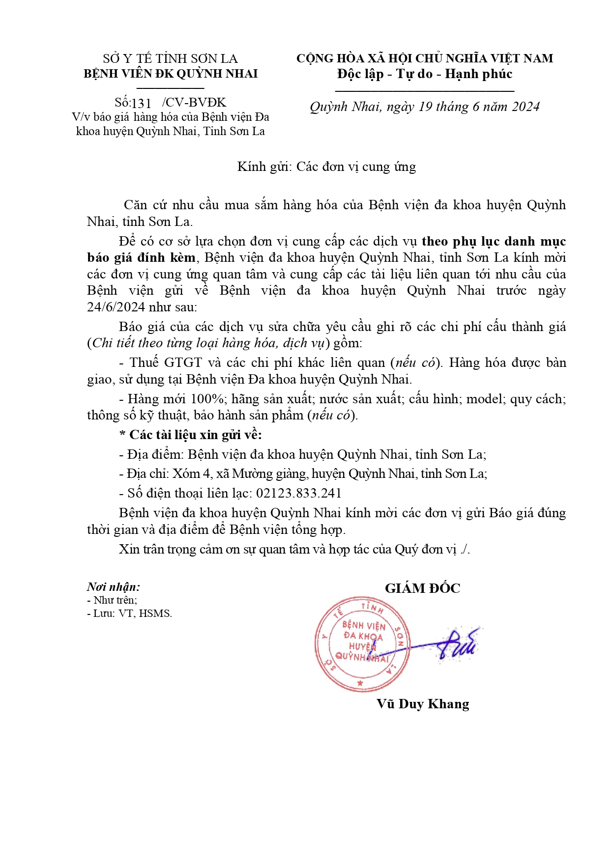 Báo giá hàng hóa của bệnh viện đa khoa huyện Quỳnh Nhai tỉnh Sơn La