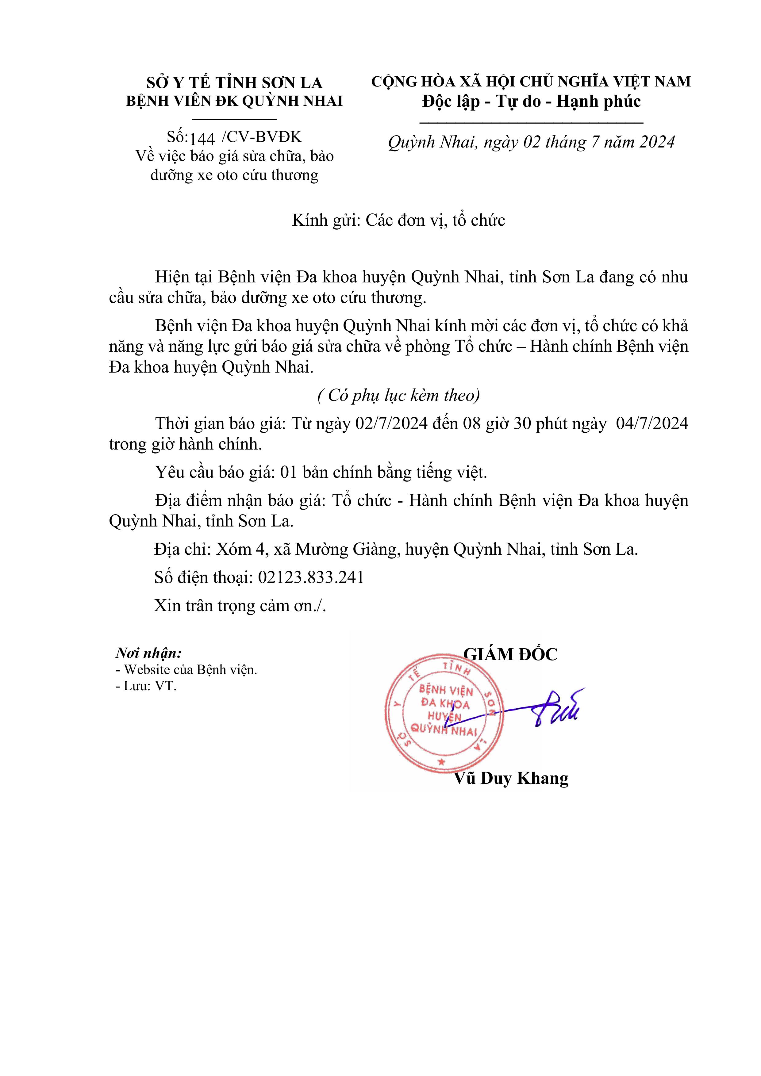 Bệnh viện đa khoa huyện Quỳnh Nhai kính mời báo giá sửa chữa, bảo dưỡng xe oto cứu thương