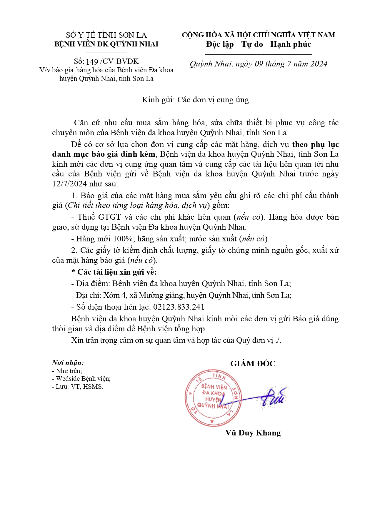 Báo giá hàng hóa cả bệnh viện đa khoa huyện Quỳnh Nhai