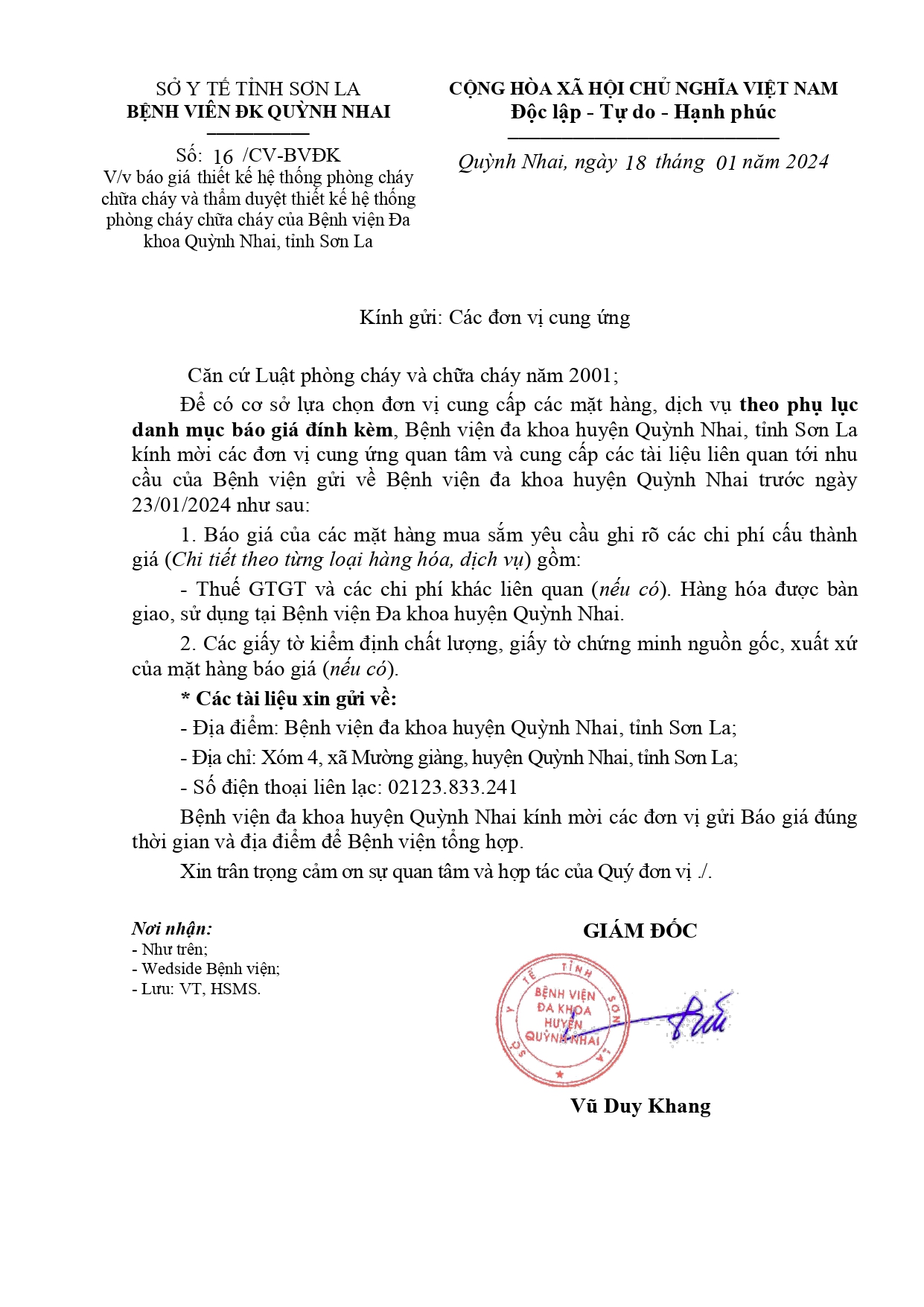 Báo giá thiết kế hệ thống phòng cháy chữa cháy của bệnh viên huyện đa khoa Quỳnh Nhai
