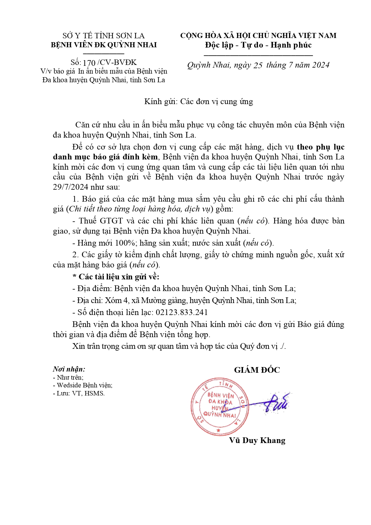 Báo giá in ấn biểu mẫu của bệnh viên đa khoa huyện Quỳnh Nhai