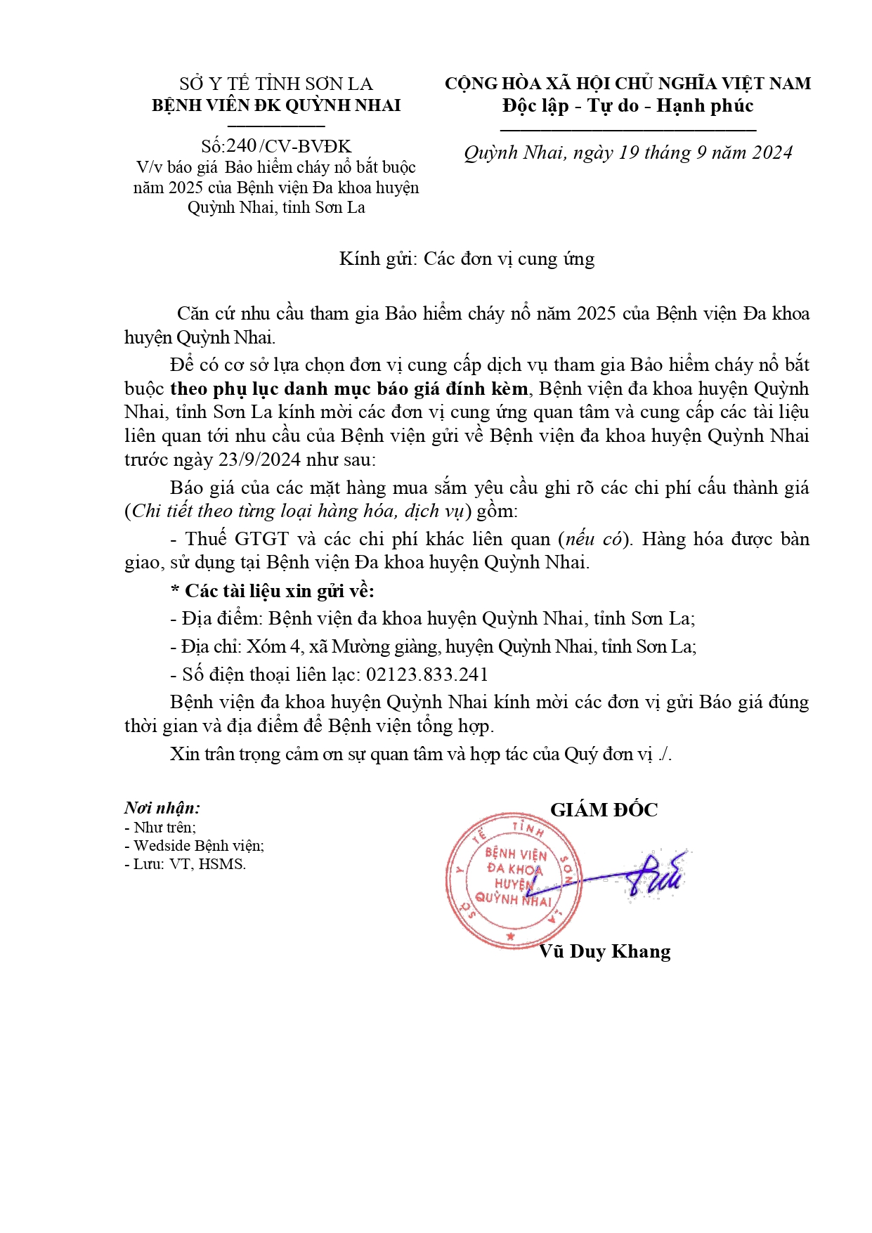 Báo giá bảo hểm cháy nổ bắt buôc năm 2025 của bệnh viên đa khoa uyên quỳnh nhai