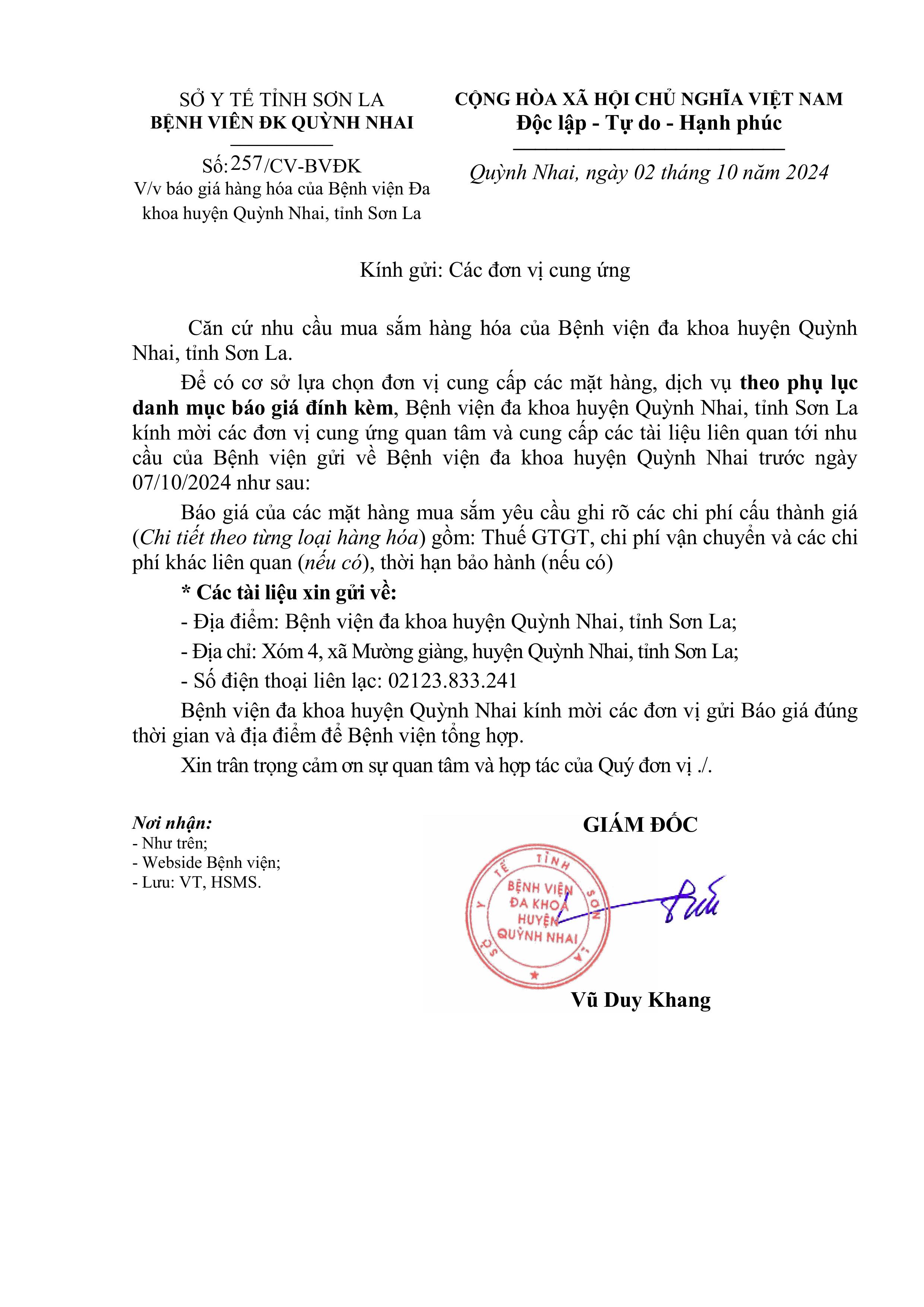 Báo giá hàng hóa của bênh viên đa khoa huyện Quỳnh Nhai