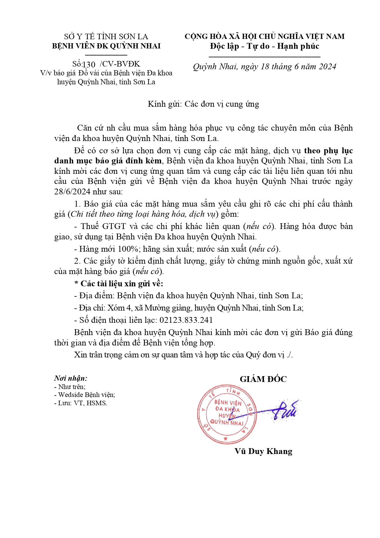 Báo giá đồ vải bệnh viên đa khoa huyện Quỳnh Nhai - tỉnh Sơn La