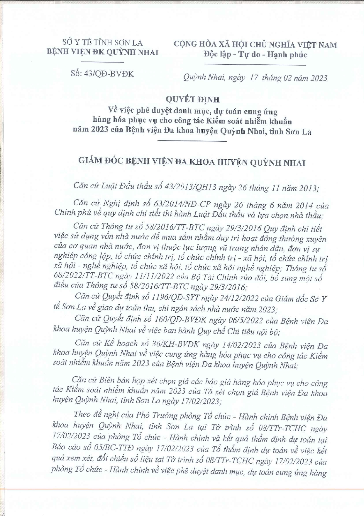 Phê duyệt danh mục, dụ toán cung ứng hàng hóa phục vụ cho công tác kiểm soát nhiêm khuẩn