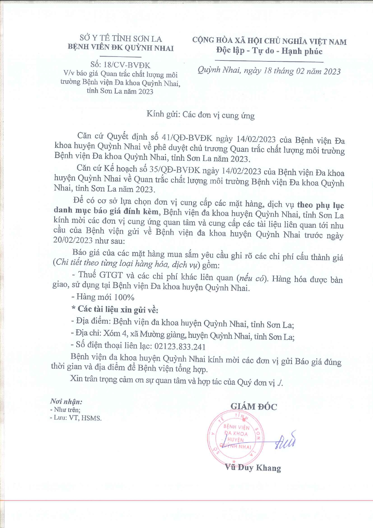 Báo  giá quan trắc chất lượng môi trường bênh viên đa khoa Quỳnh nhai