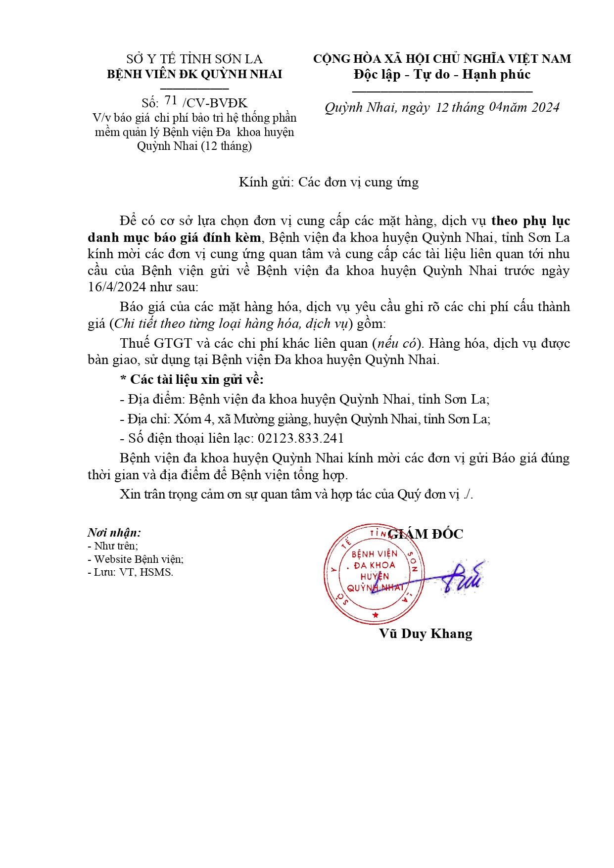 Báo giá chi phí bảo trì hệ thống phần mềm quản lý bệnh viện đa khoa huyên Quỳnh Nhai