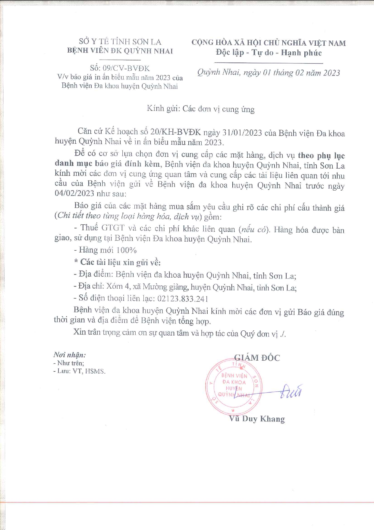 Báo giá in ân biểu mẫu năm 2023 của bênh viện đa khoa huyên Quỳnh Nhai