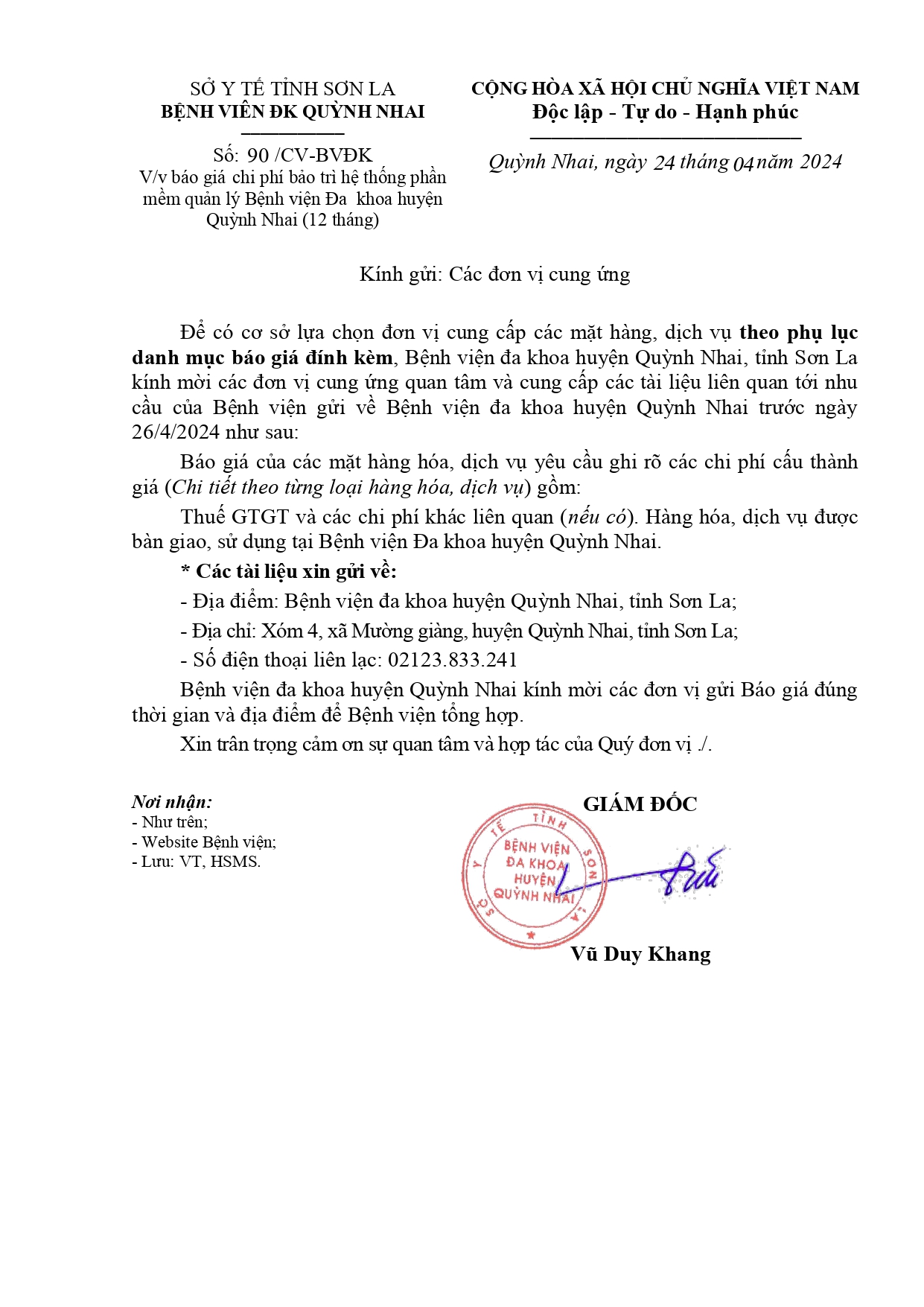 Báo giá chi phí bảo trì hệ thống phần mềm quản lý bệnh viện đa khoa huyện Quỳnh Nhai