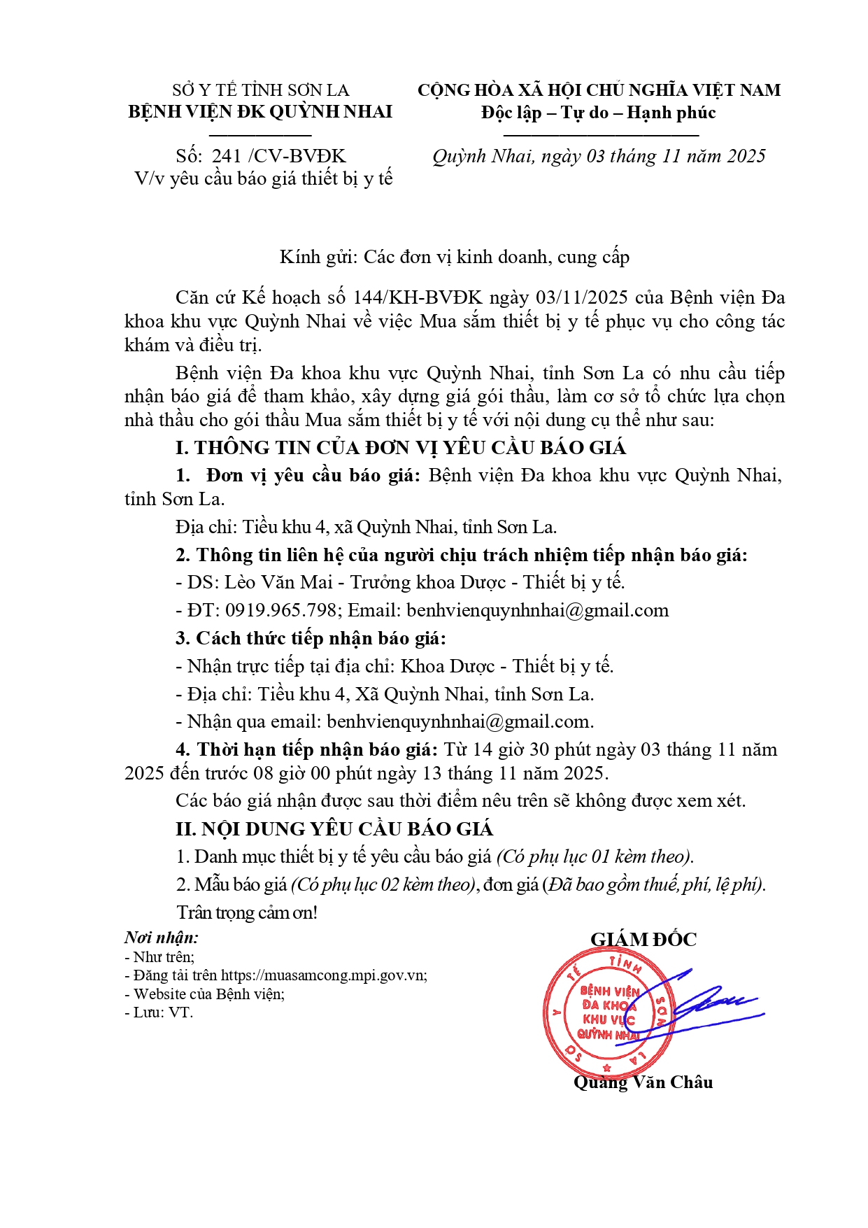 Báo giá thiết bị y tế