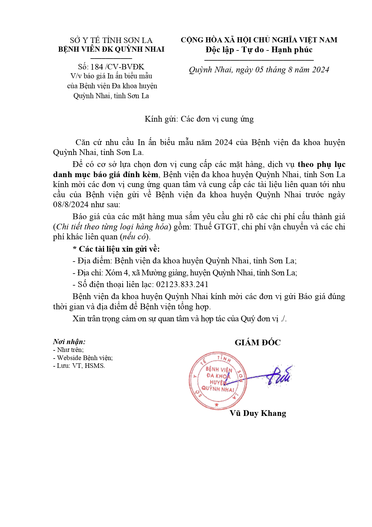 Báo giá in ấn biểu mẫu của bênh viên đa khoa Huện Quỳnh nhai