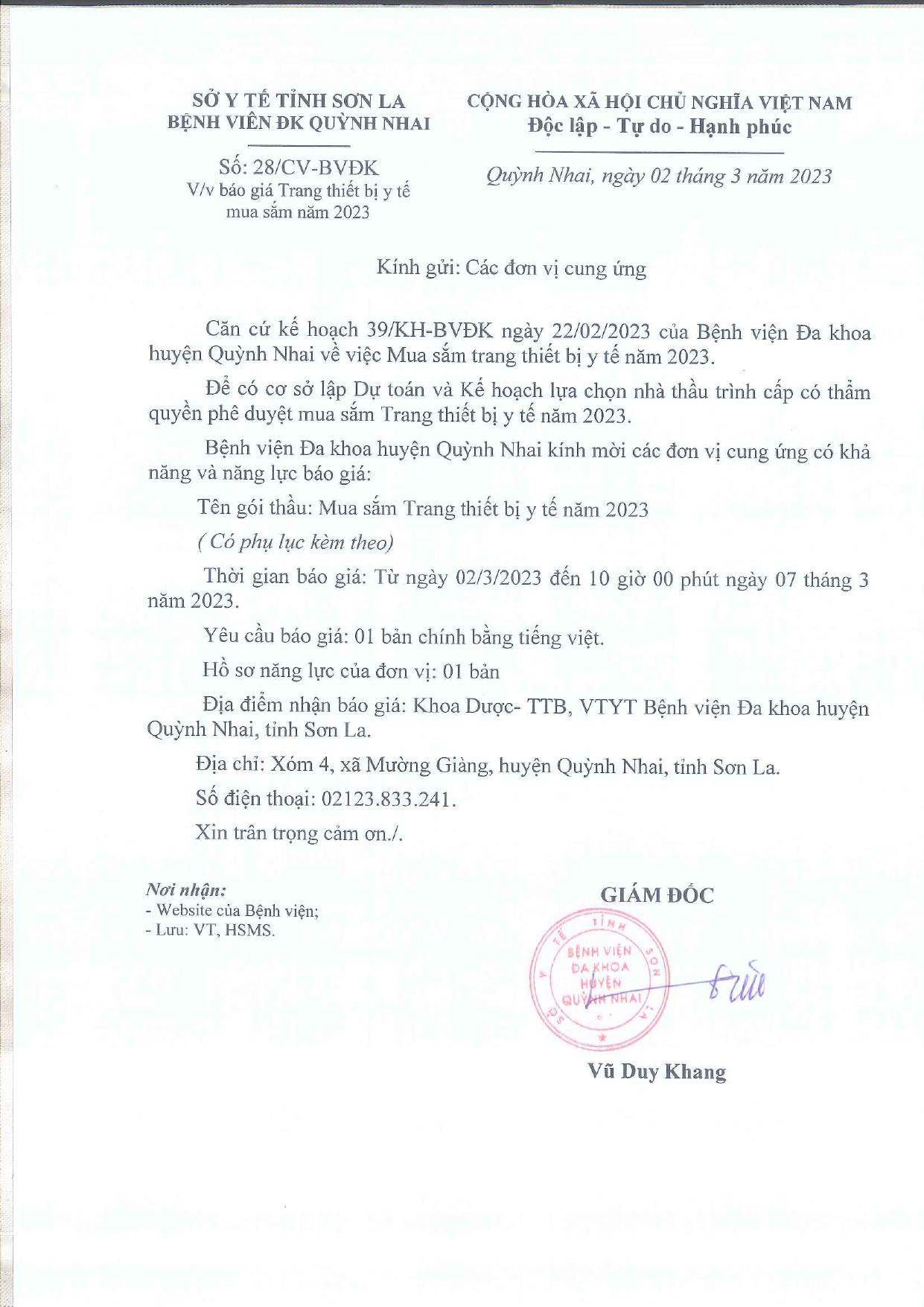 Báo giá Trang thiết bị y tế mua sắm năm 2023