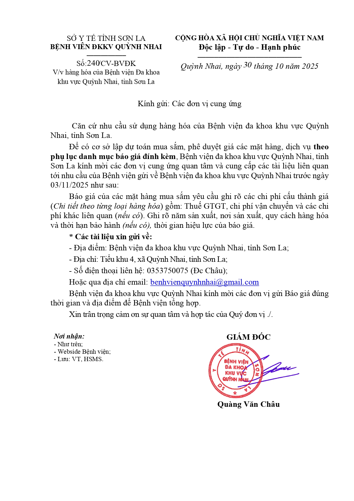 Công văn báo giá hàng hóa