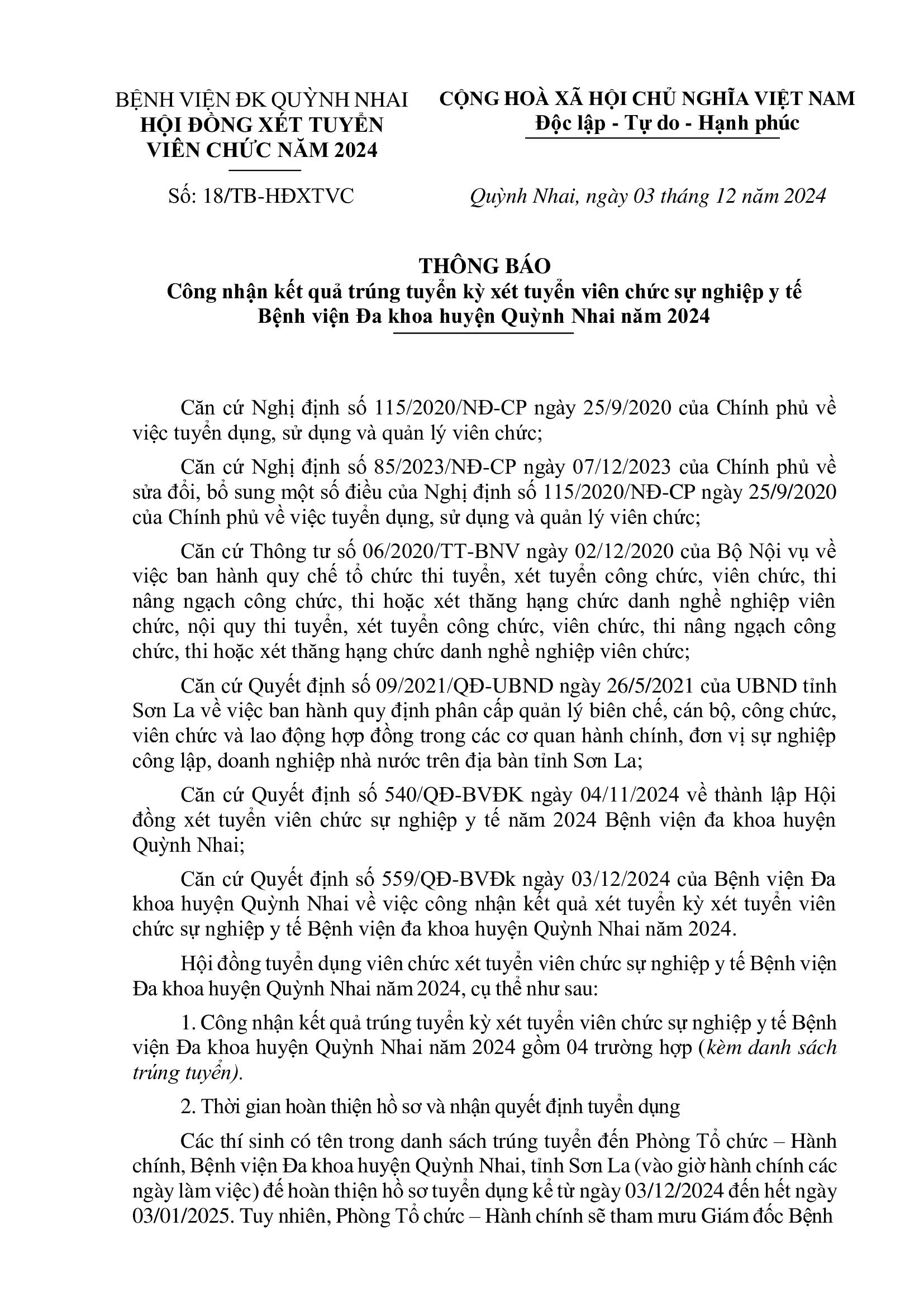 Thông báo công nhận kết quả trúng tuyển kỳ xét tuyển viên chức sự nghiệp y tế Bệnh viện Đa khoa huyện Quỳnh Nhai năm 2024