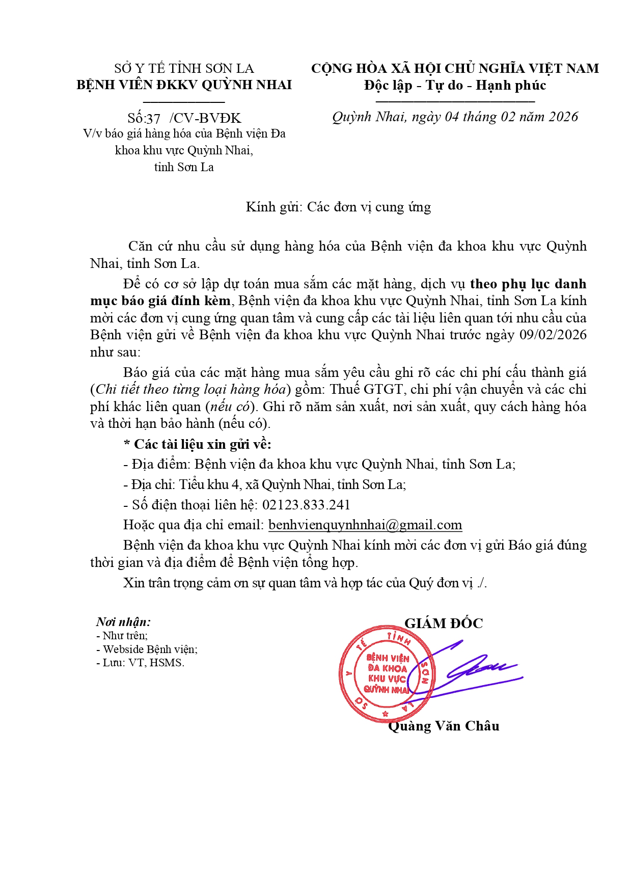 Báo giá hàng hóa của Bệnh viện Đa khoa khu vực Quỳnh Nhai (giấy, in)