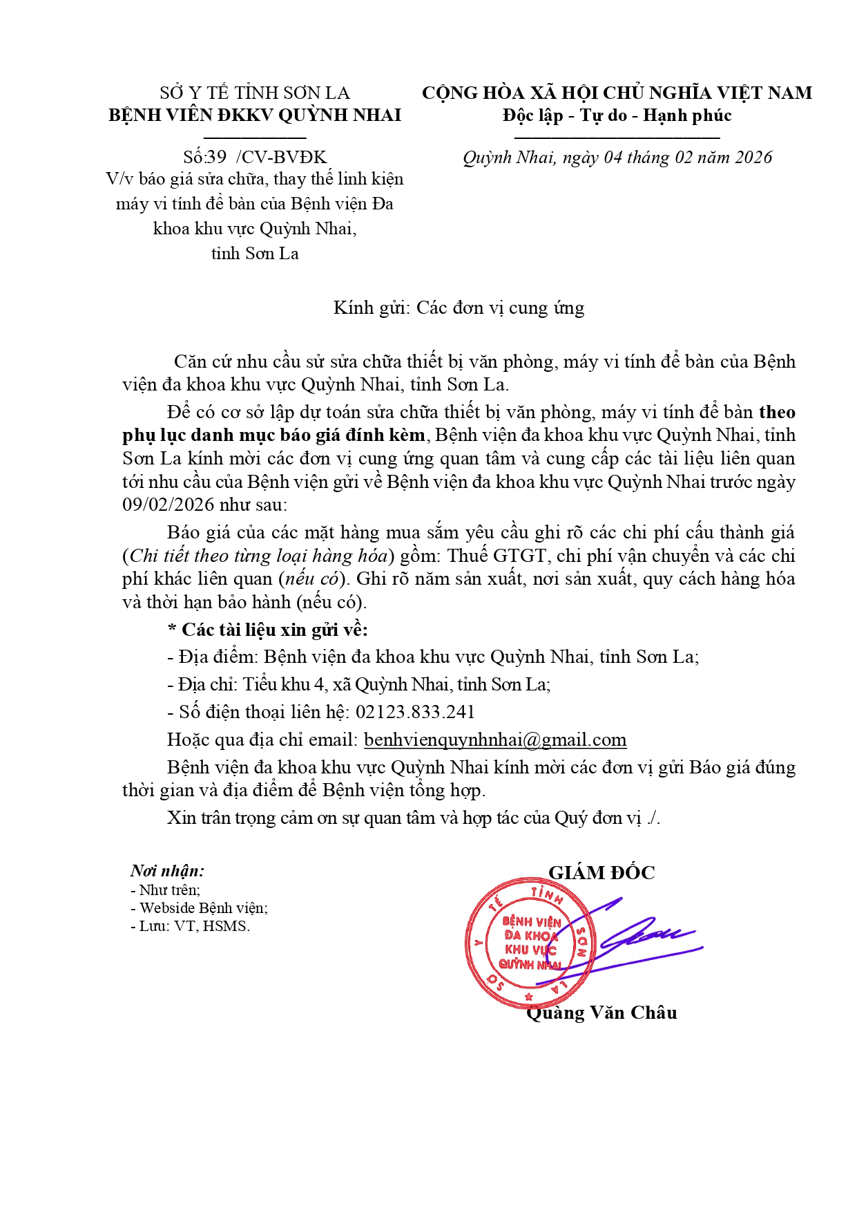 Báo giá hàng hóa của Bệnh viện Đa khoa khu vực Quỳnh Nhai(linh kiện máy tính)