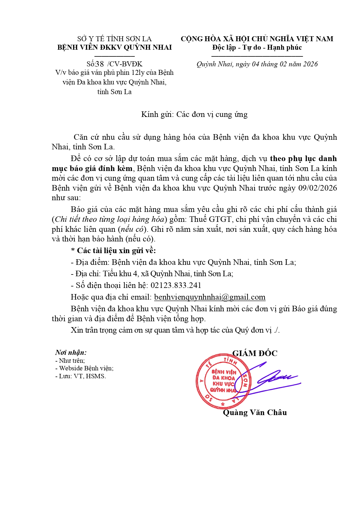 Báo giá hàng hóa của Bệnh viện Đa khoa khu vực Quỳnh Nhai( phủ phin)