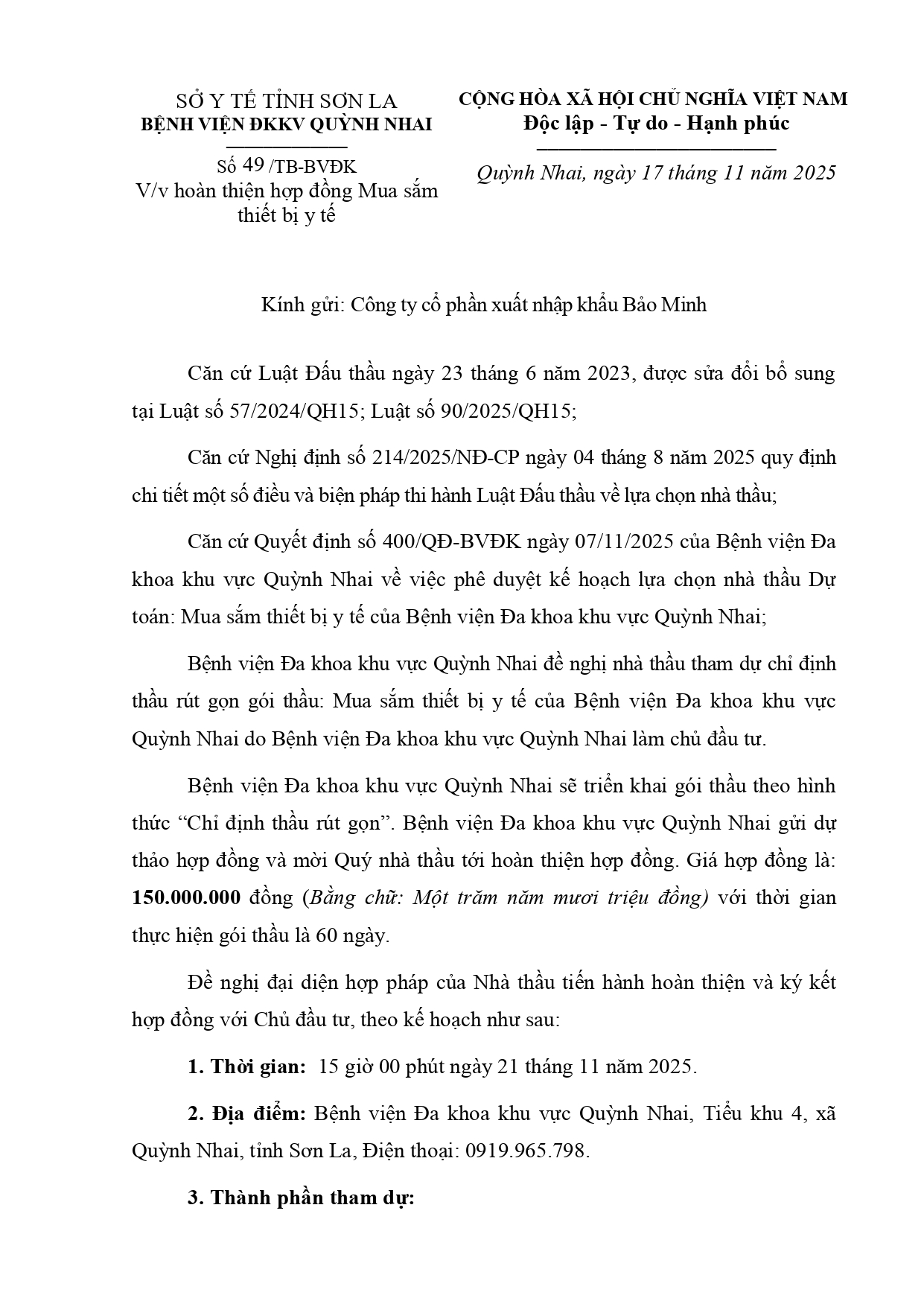 Hợp đồng mua sắm thiết bị y tế 