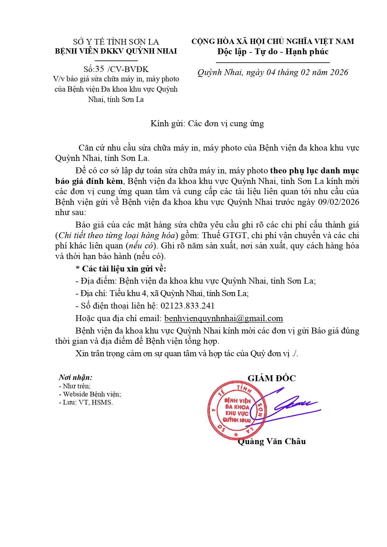 Báo giá hàng hóa của Bệnh viện Đa khoa khu vực Quỳnh Nhai( sửa chữa máy in, photo)