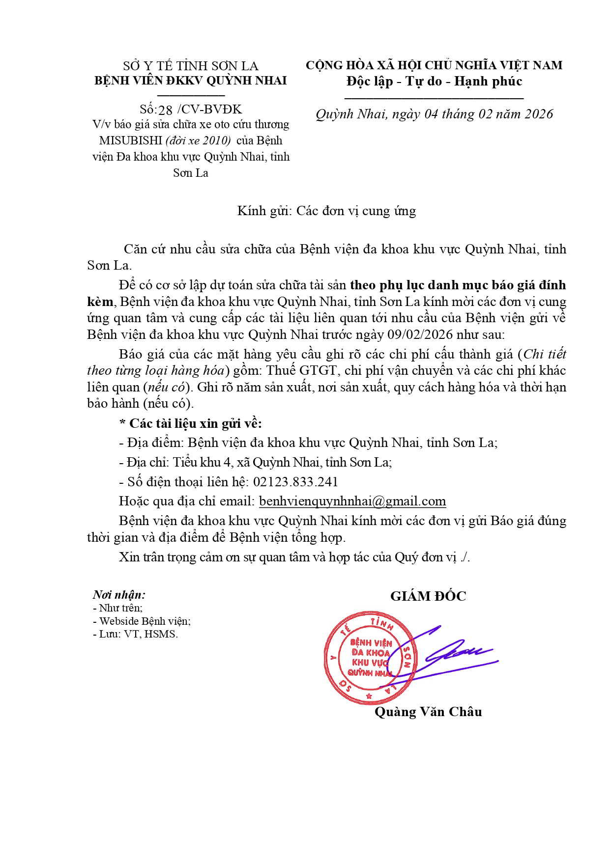 Báo giá hàng hóa của Bệnh viện Đa khoa khu vực Quỳnh Nhai ( sửa chữa xe oto cứu thương)